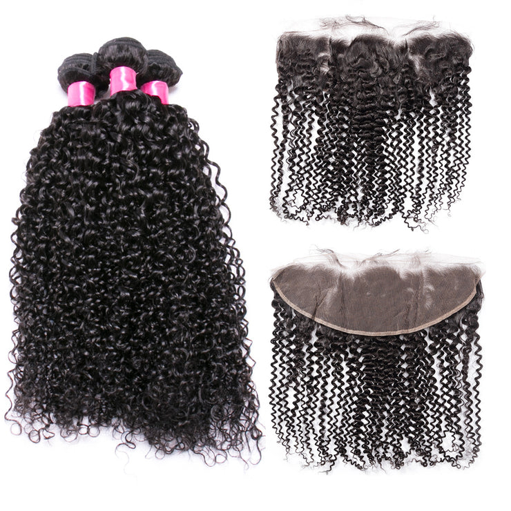 9A Virgin hair 3 bundles kinky curly hair with 13*4 frontal human hair natural color Wiyisa