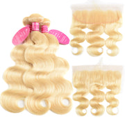 9A Body Wave  613 Blonde Virgin Hair 3 Bundles With 13*4 Lace Closure Medium Brown/Transparent/HD