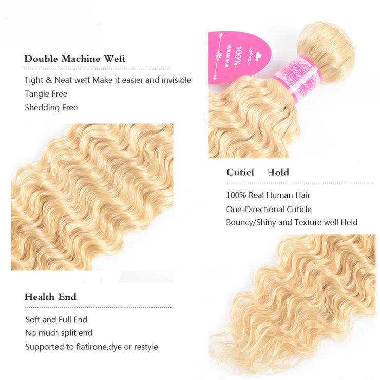 9A Deep Wave Virgin Hair Extensions 3 Bundles Human Hair Blonde Color Wiyisa