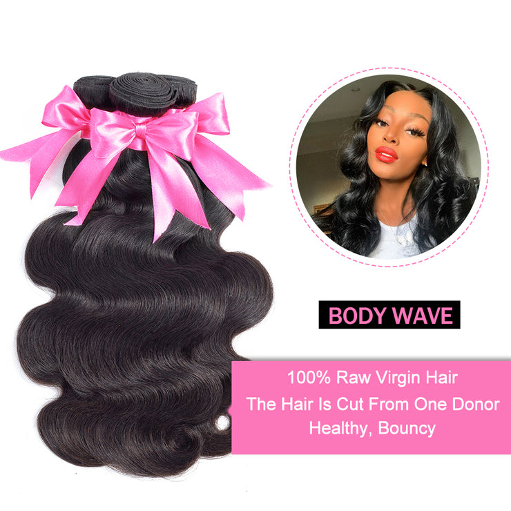 11A Body Wave Raw Virgin Hair 3 Bundles With 13*4 Lace Frontal Medium Brown/Transparent/HD