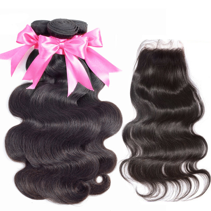 11A Body Wave Raw Virgin Hair 3 Bundles With 4*4 Or 5*5 Lace Closure Medium Brown/Transparent/HD