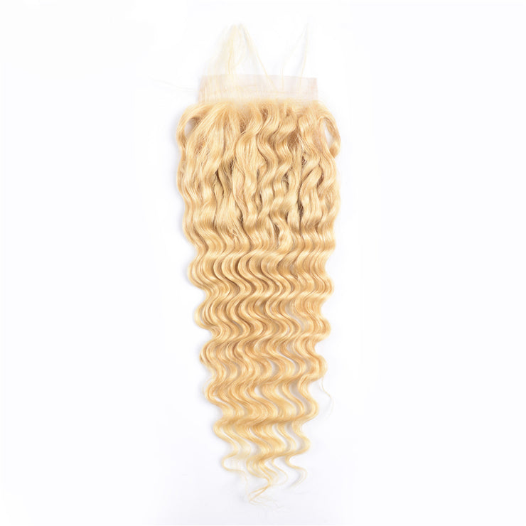 9A Deep Wave 613 Blonde Virgin Hair 3 Bundles With 4*4 Lace Closure Medium Brown/Transparent/HD Lace