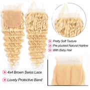 9A Deep Wave 613 Blonde Virgin Hair 3 Bundles With 4*4 Lace Closure Medium Brown/Transparent/HD Lace