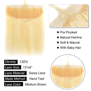 9A Straight 613 Blonde Virgin Hair 3 Bundles With 13*4 Lace Closure Medium Brown/Transparent/HD