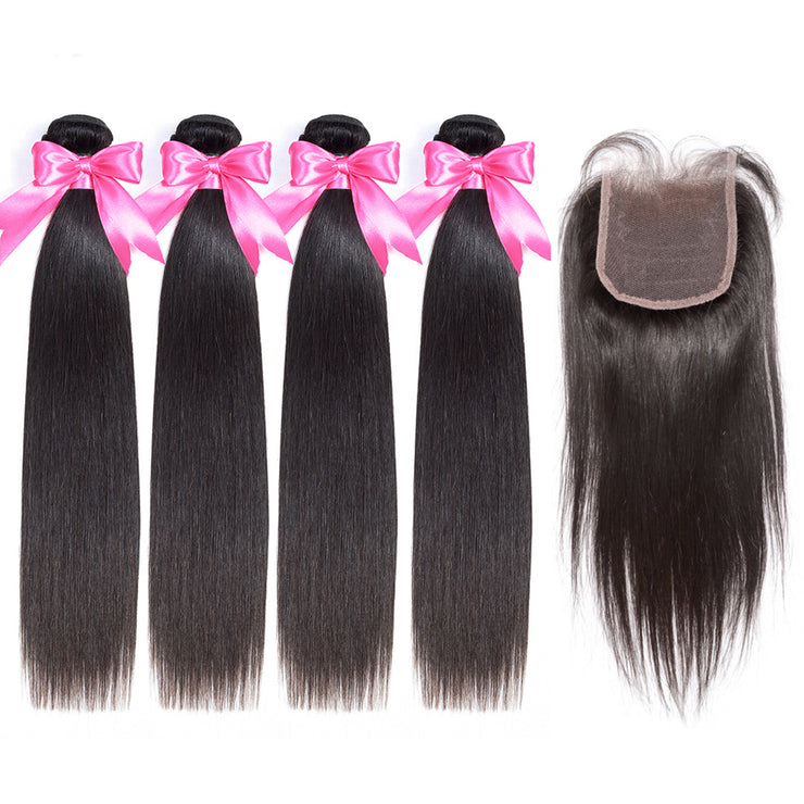 11A Straight Raw Virgin Hair 4 Bundles With 4*4 Or 5*5 Lace Closure Medium Brown/Transparent/HD Lace