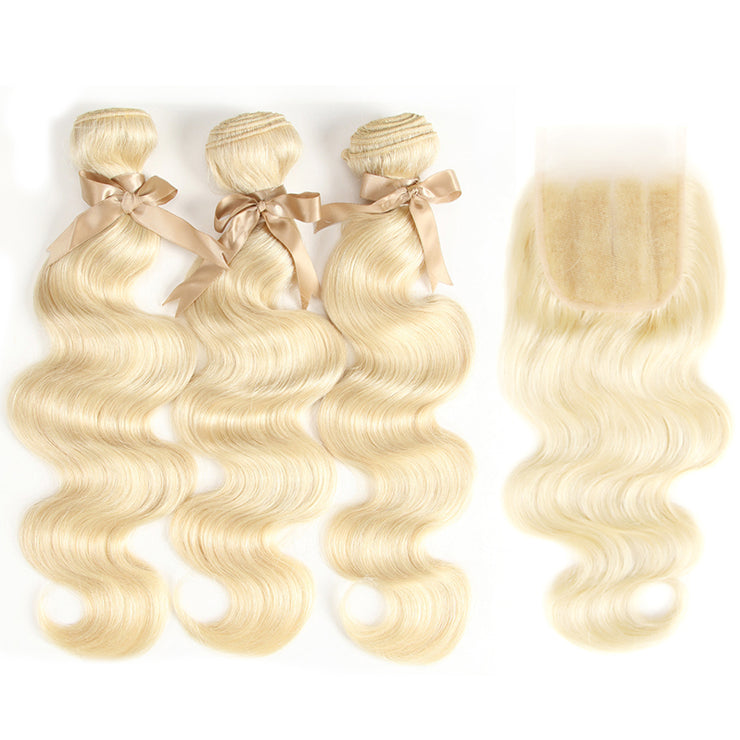 11A Body Wave 613 Blonde Raw Virgin Hair 3 Bundles With 4*4 Lace Closure Medium Brown/Transparent/HD