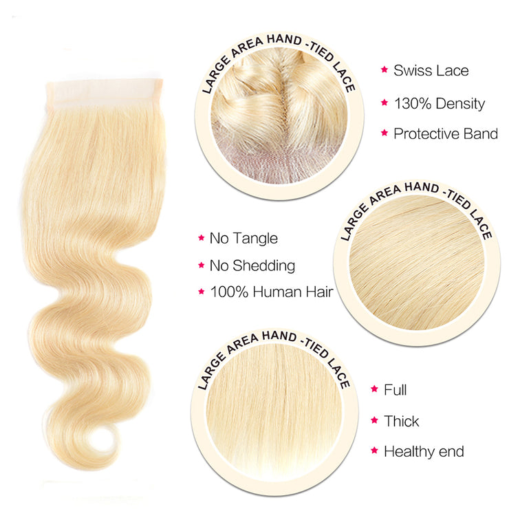 11A Body Wave 613 Blonde Raw Virgin Hair 3 Bundles With 4*4 Lace Closure Medium Brown/Transparent/HD