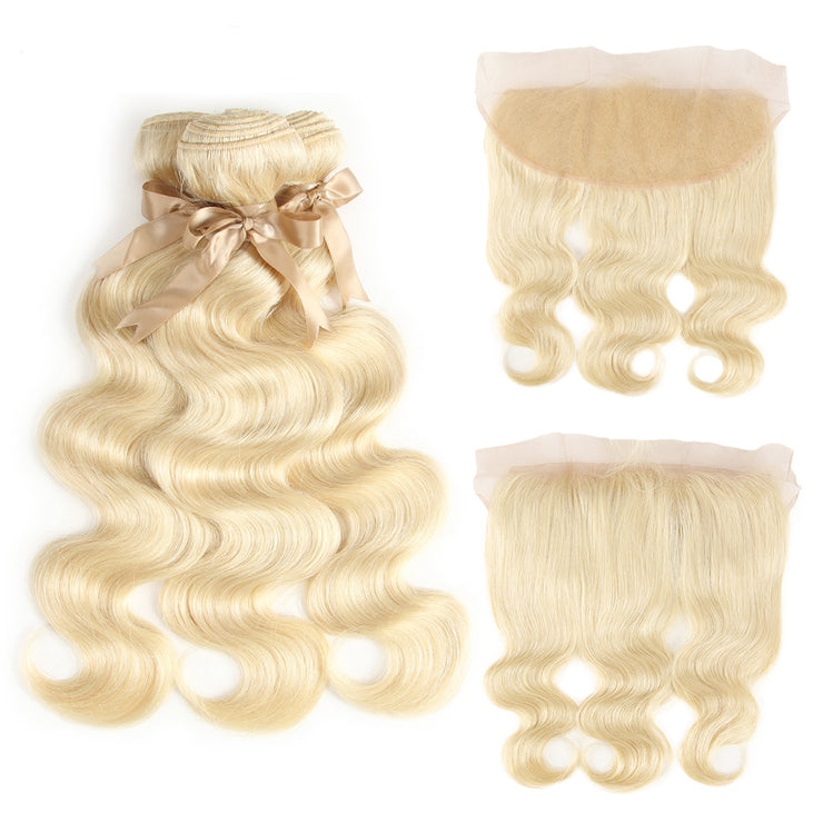 11A Body Wave 613 Blonde Raw Virgin Hair 3 Bundles With 13*4 Lace Closure Medium Brown/Transparent/HD