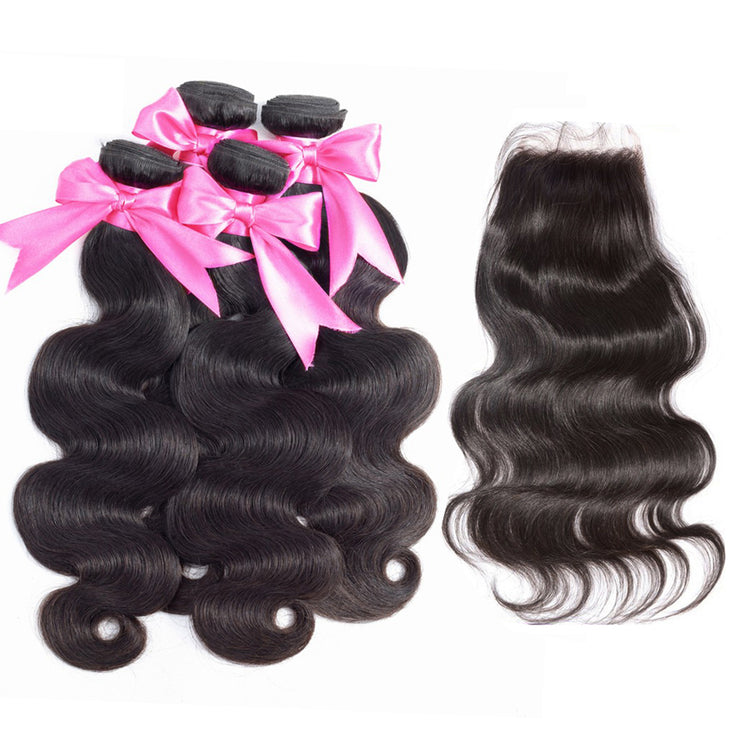 11A Body Wave Raw Virgin Hair 4 Bundles With 4*4 Or 5*5 Lace Closure Medium Brown/Transparent/HD Lace